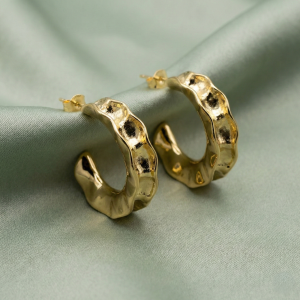 AGOR 925 Sterling Silver Molten Wave Hoop Earrings in Gold Finish Women's Jewellery