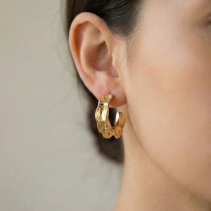 AGOR 925 Sterling Silver Molten Wave Hoop Earrings in Gold Finish Women's Jewellery
