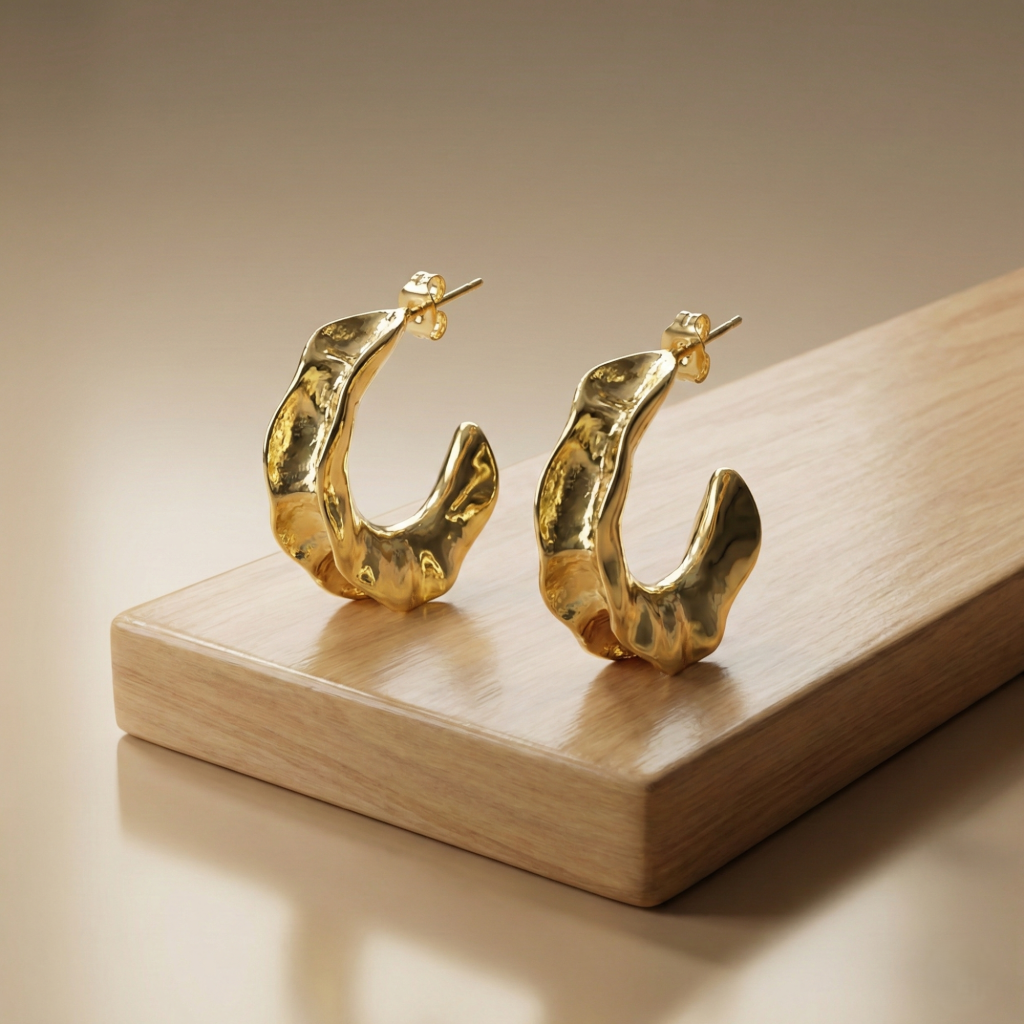 AGOR 925 Sterling Silver Molten Wave Hoop Earrings in Gold Finish Women's Jewellery