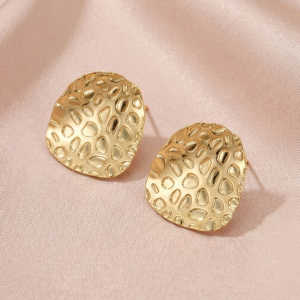AGOR 925 Sterling Silver Hammered Shield Stud Earrings in Gold Finish Women's Jewellery