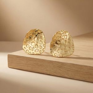 AGOR 925 Sterling Silver Hammered Shield Stud Earrings in Gold Finish Women's Jewellery