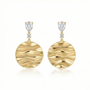 AGOR 925 Sterling Silver Wavy Disc Drop Earrings in Gold Finish Women's Jewellery