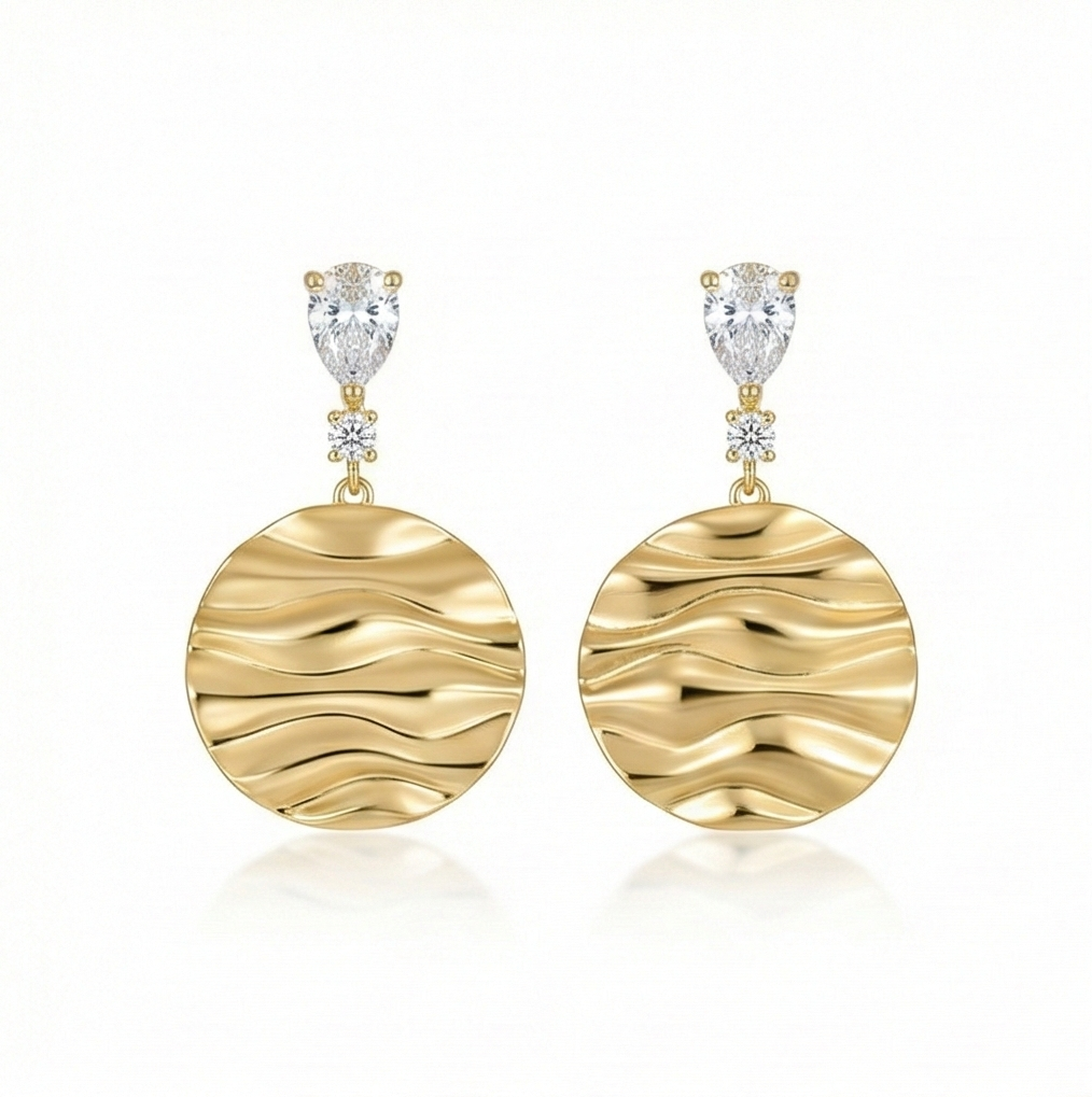 925 Sterling Silver Wavy Disc Drop Earrings in Gold Finish Women's Jewellery