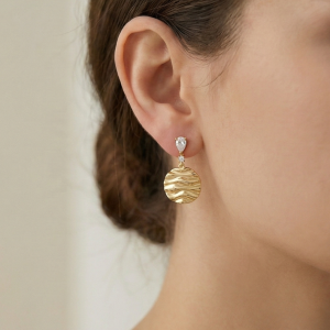 AGOR 925 Sterling Silver Wavy Disc Drop Earrings in Gold Finish Women's Jewellery