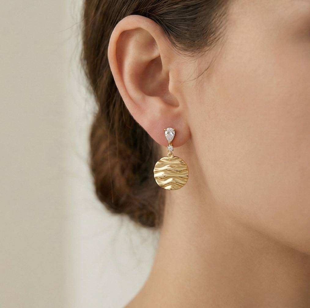 925 Sterling Silver Wavy Disc Drop Earrings in Gold Finish Women's Jewellery