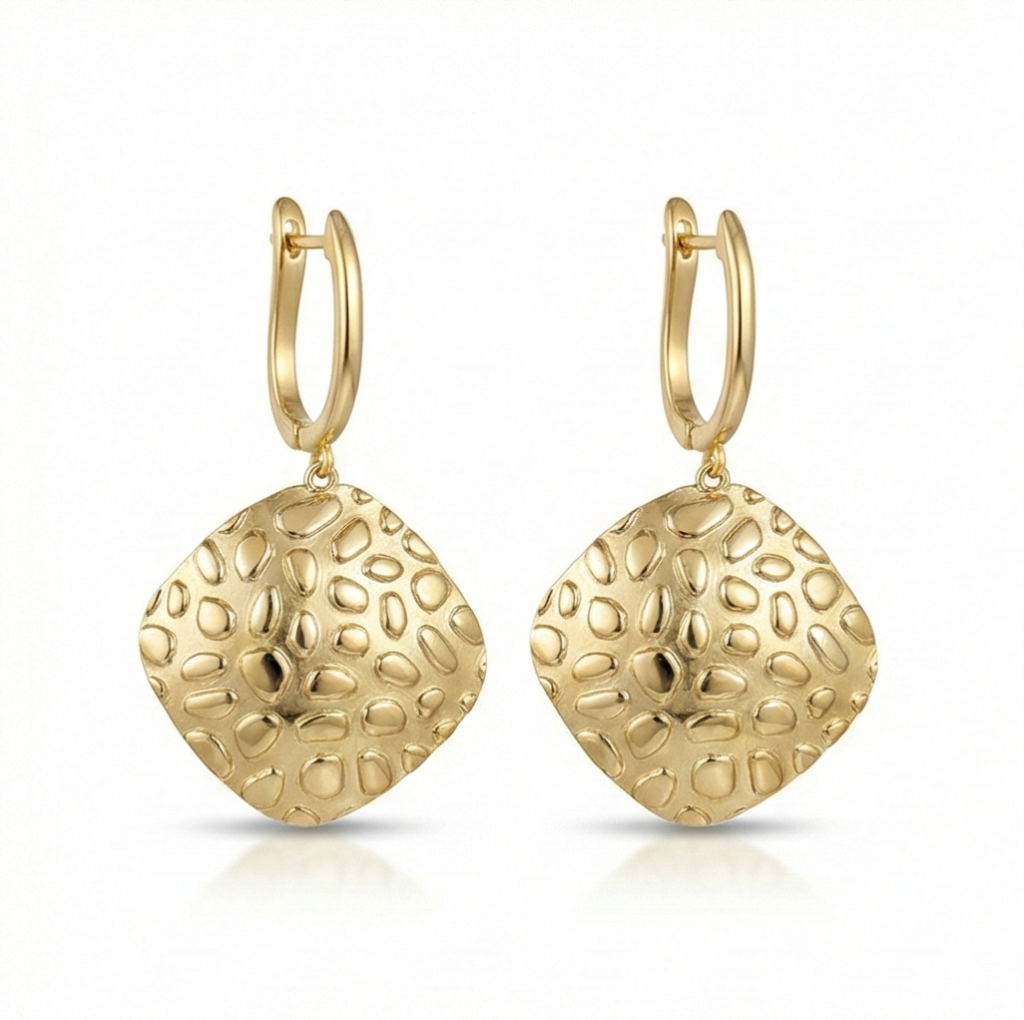 AGOR 925 Sterling Silver Hammered Rhombus Drop Earrings in Gold Finish Women's Jewellery