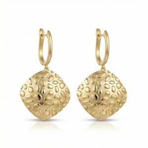 AGOR 925 Sterling Silver Hammered Rhombus Drop Earrings in Gold Finish Women's Jewellery