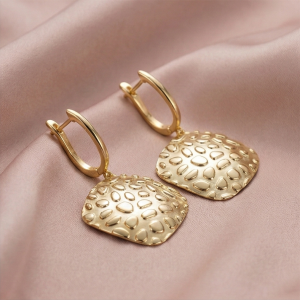AGOR 925 Sterling Silver Hammered Rhombus Drop Earrings in Gold Finish Women's Jewellery