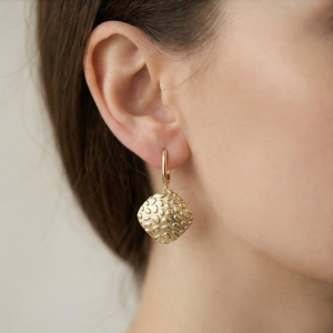 AGOR 925 Sterling Silver Hammered Rhombus Drop Earrings in Gold Finish Women's Jewellery