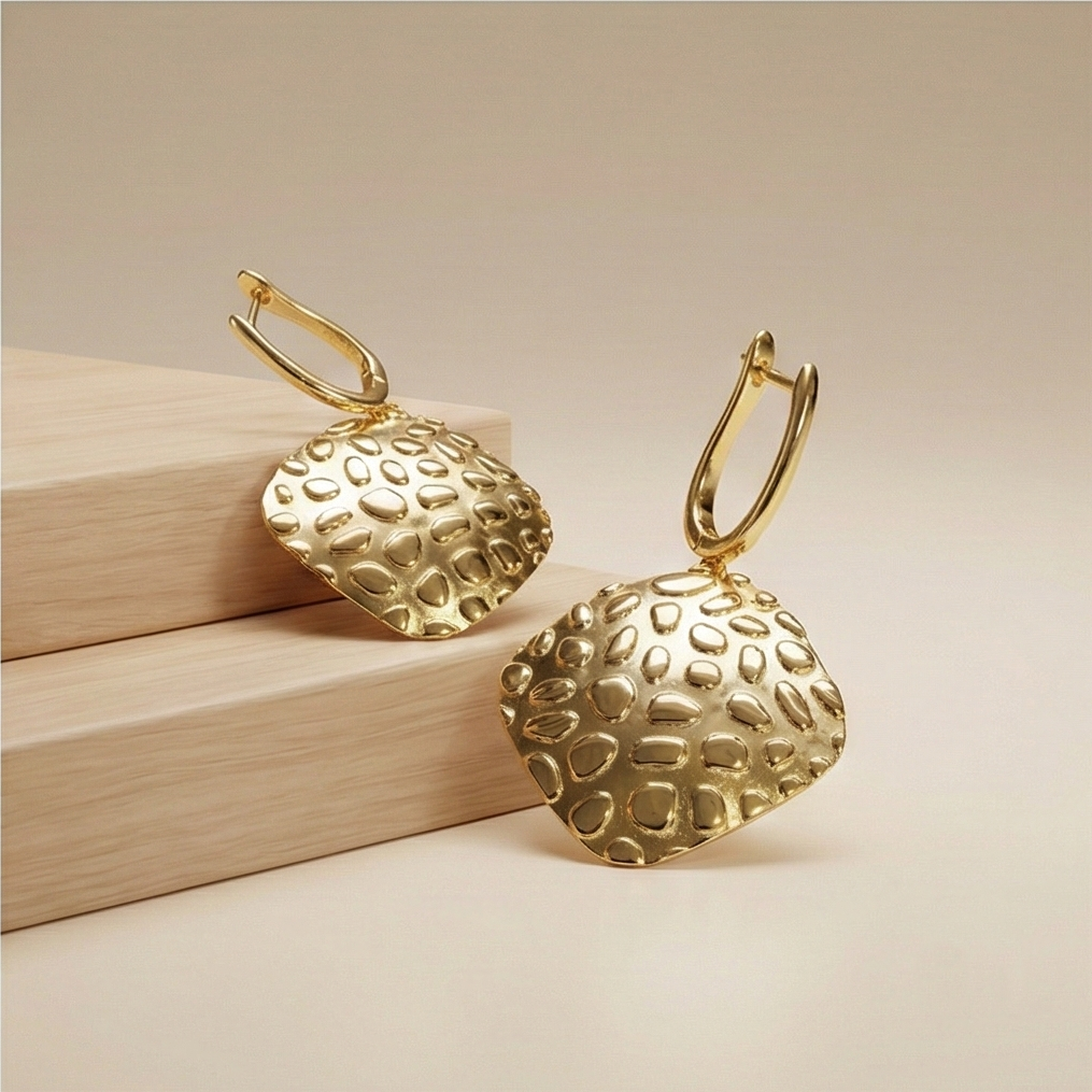 925 Sterling Silver Hammered Rhombus Drop Earrings in Gold Finish Women's Jewellery