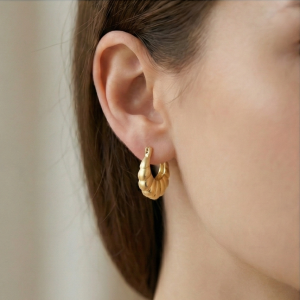 AGOR 925 Sterling Silver Croissant Ribbed Hoop Earrings in Gold Finish Women's Jewellery