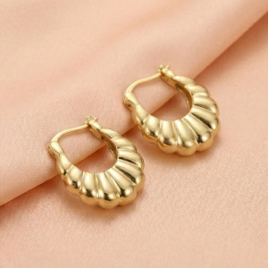AGOR 925 Sterling Silver Croissant Ribbed Hoop Earrings in Gold Finish Women's Jewellery