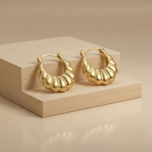 AGOR 925 Sterling Silver Croissant Ribbed Hoop Earrings in Gold Finish Women's Jewellery