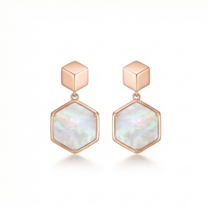 AGOR 925 Sterling Silver Geometric Hexagon Drop Earrings in Rose Gold Finish Women's Jewellery