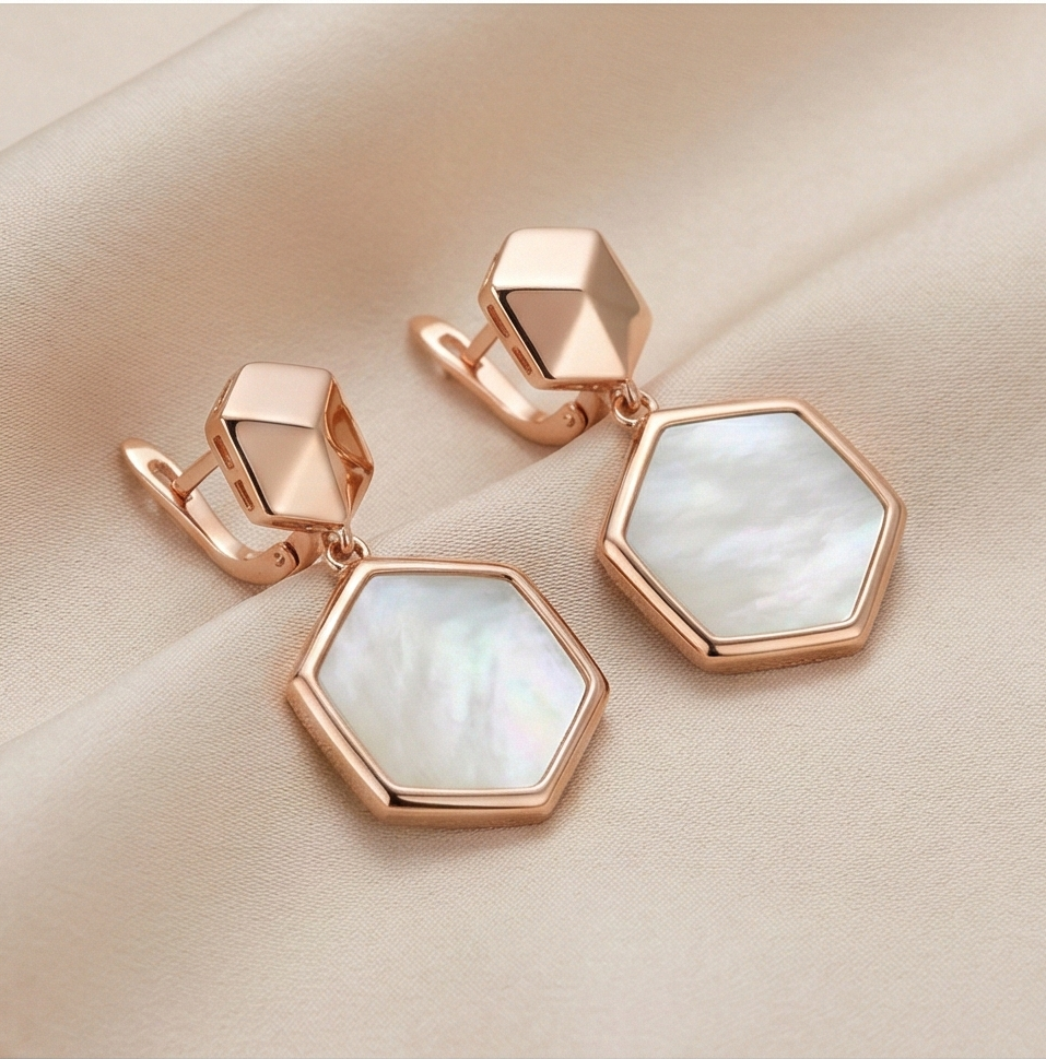925 Sterling Silver Geometric Hexagon Drop Earrings in Rose Gold Finish Women's Jewellery