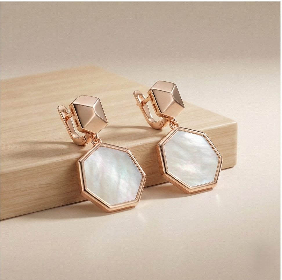 925 Sterling Silver Geometric Hexagon Drop Earrings in Rose Gold Finish Women's Jewellery
