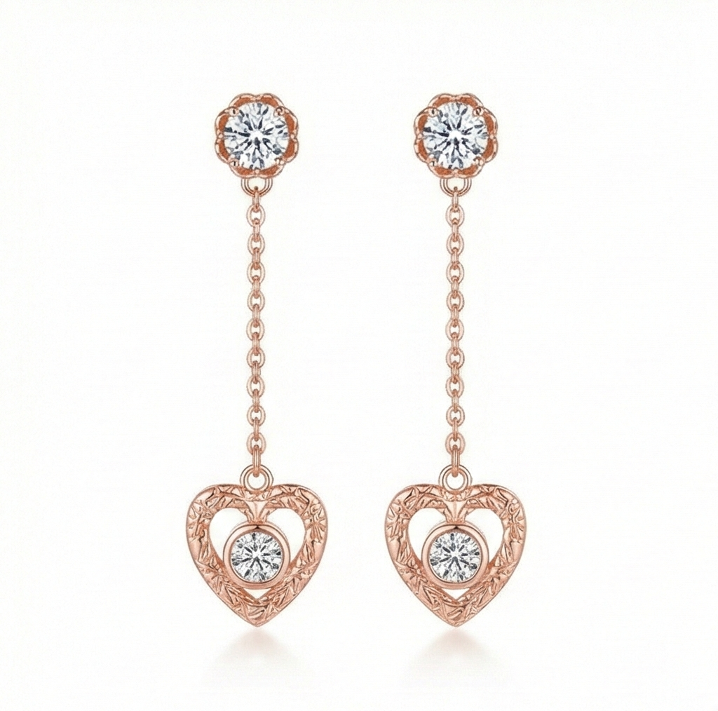 925 Sterling Silver Rose Gold Plated Heart Filigree Chain Drop Earrings Jewellery