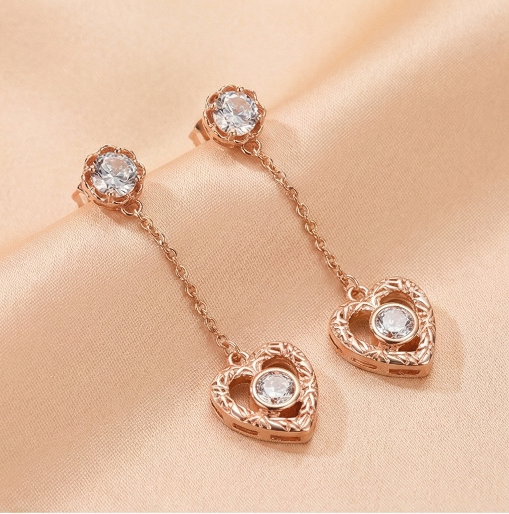 925 Sterling Silver Rose Gold Plated Heart Filigree Chain Drop Earrings Jewellery