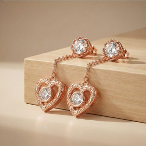 AGOR 925 Sterling Silver Rose Gold Plated Heart Filigree Chain Drop Earrings Jewellery