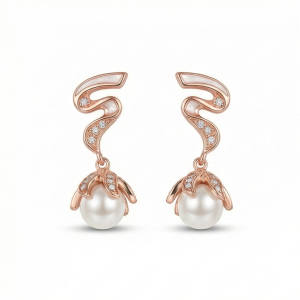 AGOR 925 Sterling Silver Rose Gold Plated Pearl and Swirl Drop Earrings Jewellery