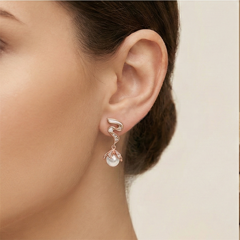 AGOR 925 Sterling Silver Rose Gold Plated Pearl and Swirl Drop Earrings Jewellery