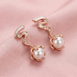 AGOR 925 Sterling Silver Rose Gold Plated Pearl and Swirl Drop Earrings Jewellery