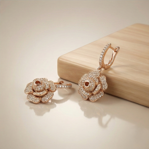 925 Sterling Silver Rose Gold Plated Blooming Rose Flower Drop Earrings Jewellery