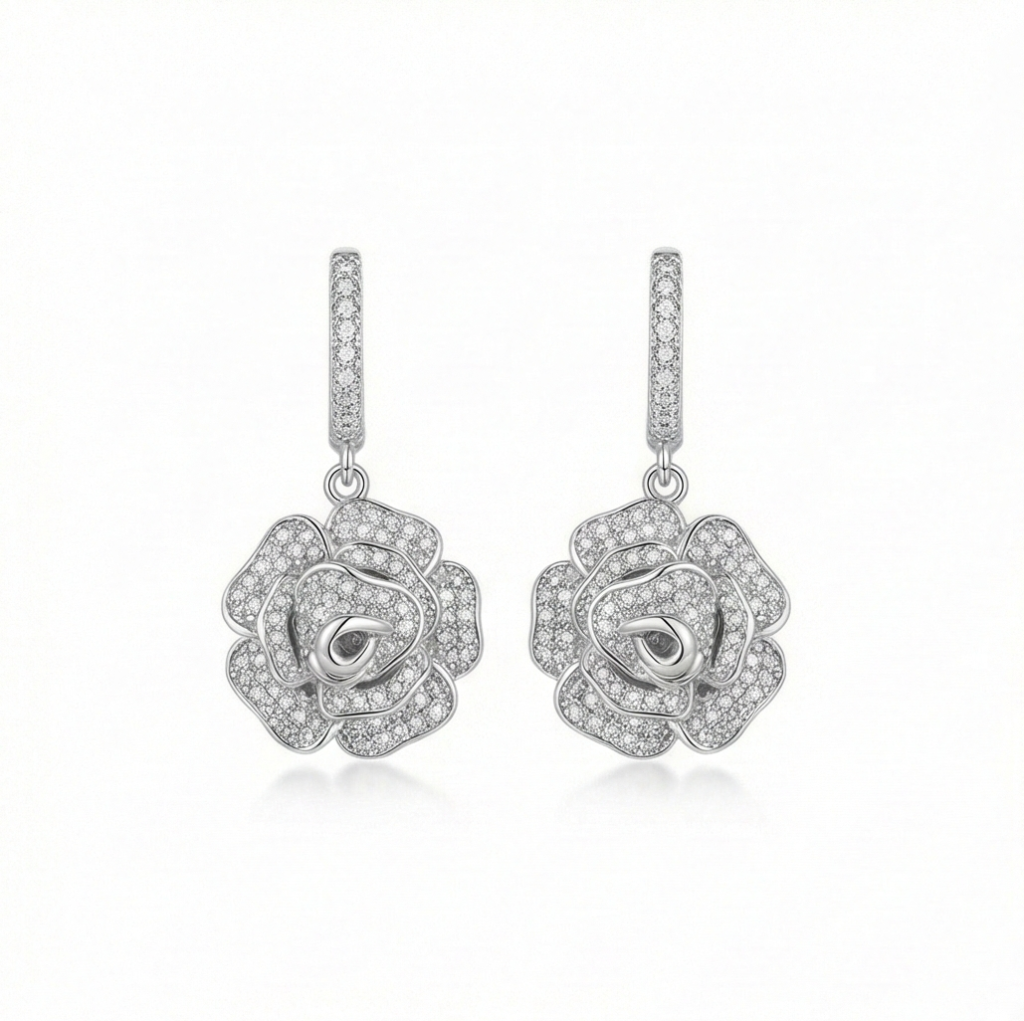 AGOR 925 Sterling Silver Rhodium Plated Crystal Rose Flower Drop Earrings Jewellery
