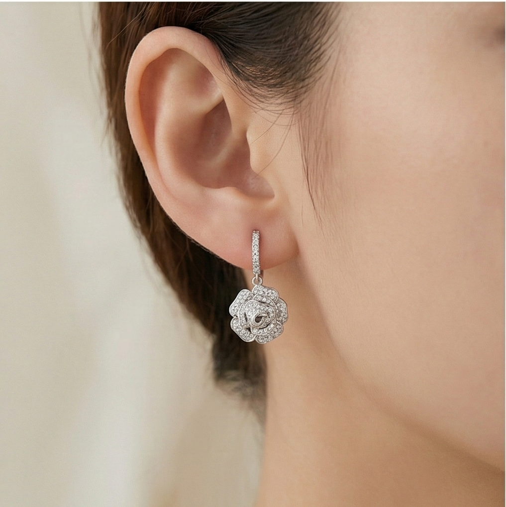 925 Sterling Silver Rhodium Plated Crystal Rose Flower Drop Earrings Jewellery