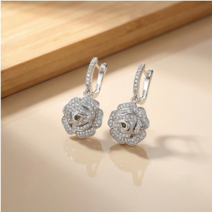 AGOR 925 Sterling Silver Rhodium Plated Crystal Rose Flower Drop Earrings Jewellery