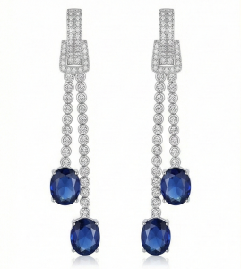 AGOR 925 Sterling Silver Long Linear Drop Earrings with Blue Oval Gemstones Jewellery