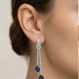 925 Sterling Silver Long Linear Drop Earrings with Blue Oval Gemstones Jewellery
