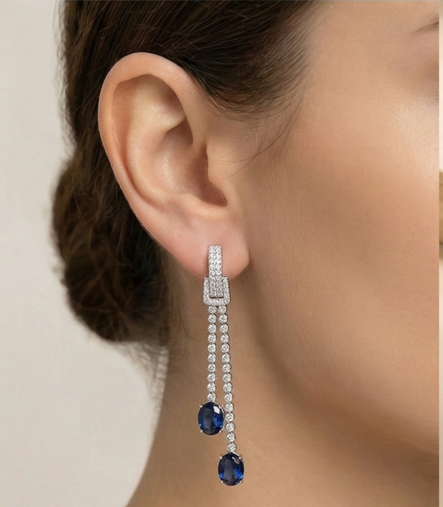 AGOR 925 Sterling Silver Long Linear Drop Earrings with Blue Oval Gemstones Jewellery