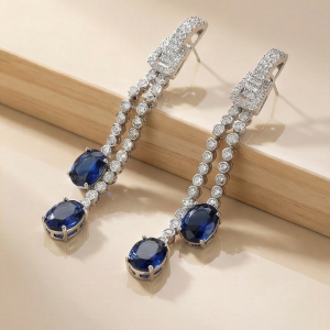 925 Sterling Silver Long Linear Drop Earrings with Blue Oval Gemstones Jewellery
