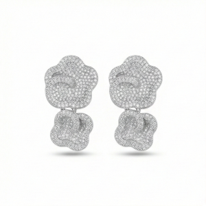 AGOR 925 Sterling Silver Double Tier Floral Statement Pave Earrings Jewellery
