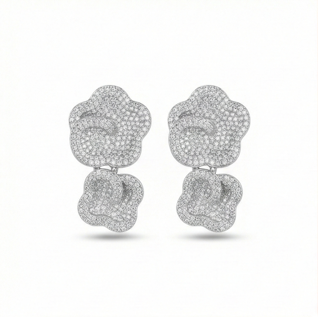 925 Sterling Silver Double Tier Floral Statement Pave Earrings Jewellery