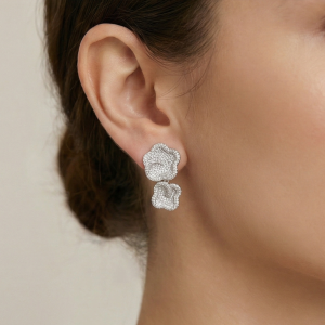 925 Sterling Silver Double Tier Floral Statement Pave Earrings Jewellery