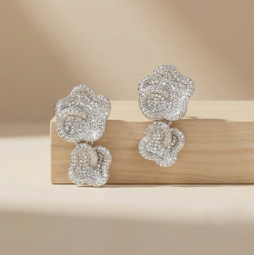 925 Sterling Silver Double Tier Floral Statement Pave Earrings Jewellery
