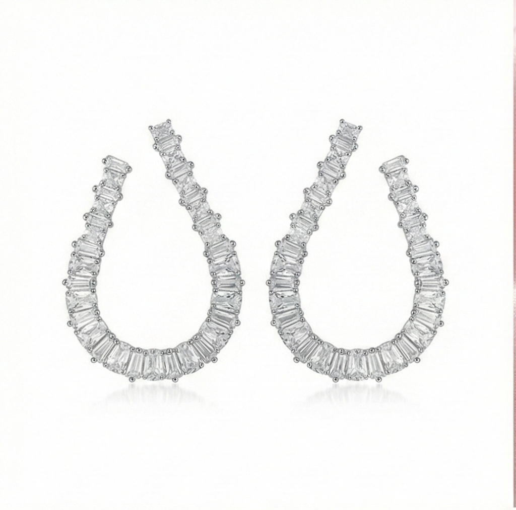 AGOR 925 Sterling Silver Baguette Cut Open Hoop Earrings Jewellery for Women