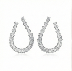 AGOR 925 Sterling Silver Baguette Cut Open Hoop Earrings Jewellery for Women