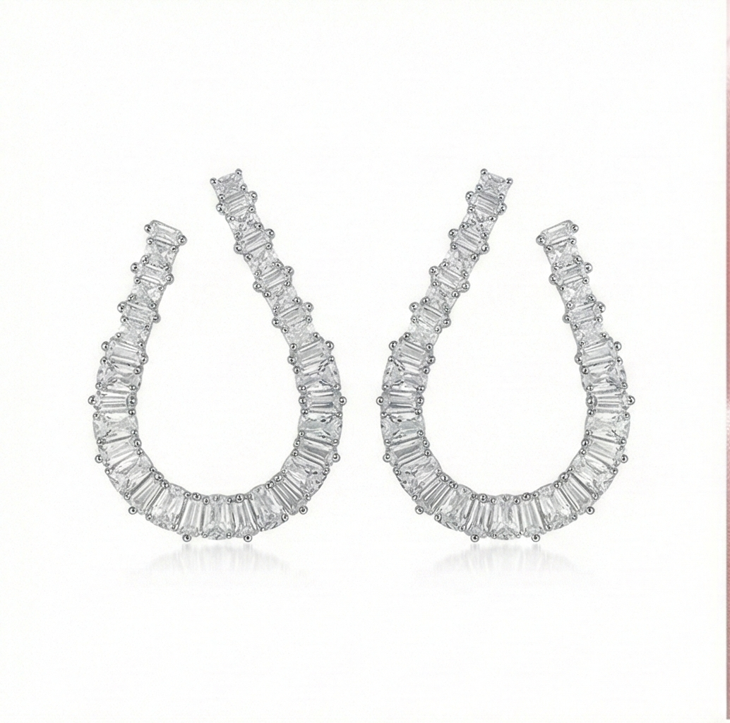 925 Sterling Silver Baguette Cut Open Hoop Earrings Jewellery for Women