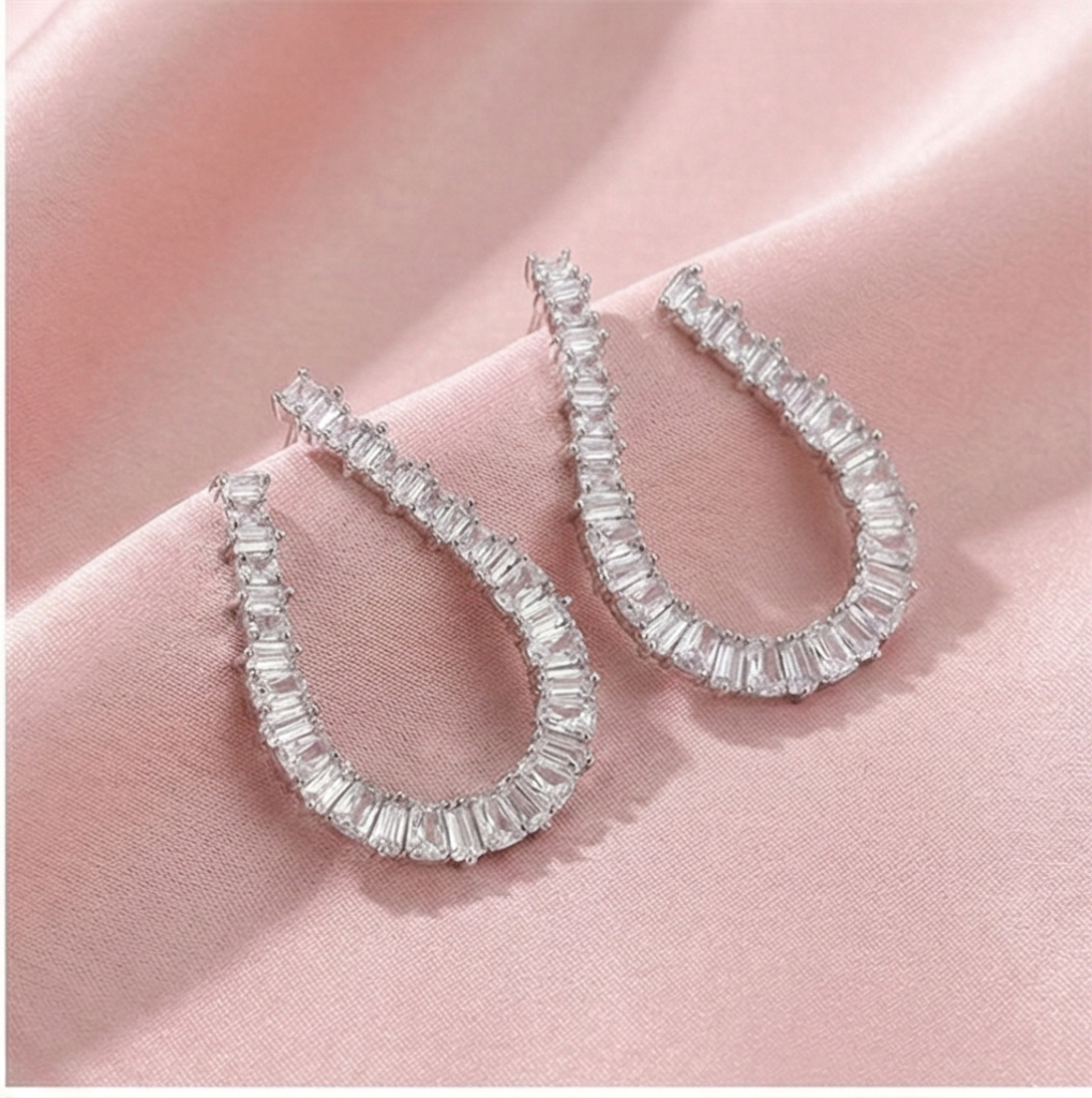 AGOR 925 Sterling Silver Baguette Cut Open Hoop Earrings Jewellery for Women