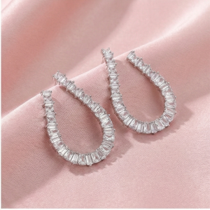 AGOR 925 Sterling Silver Baguette Cut Open Hoop Earrings Jewellery for Women