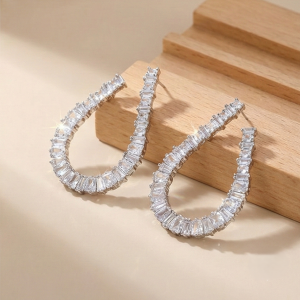 AGOR 925 Sterling Silver Baguette Cut Open Hoop Earrings Jewellery for Women