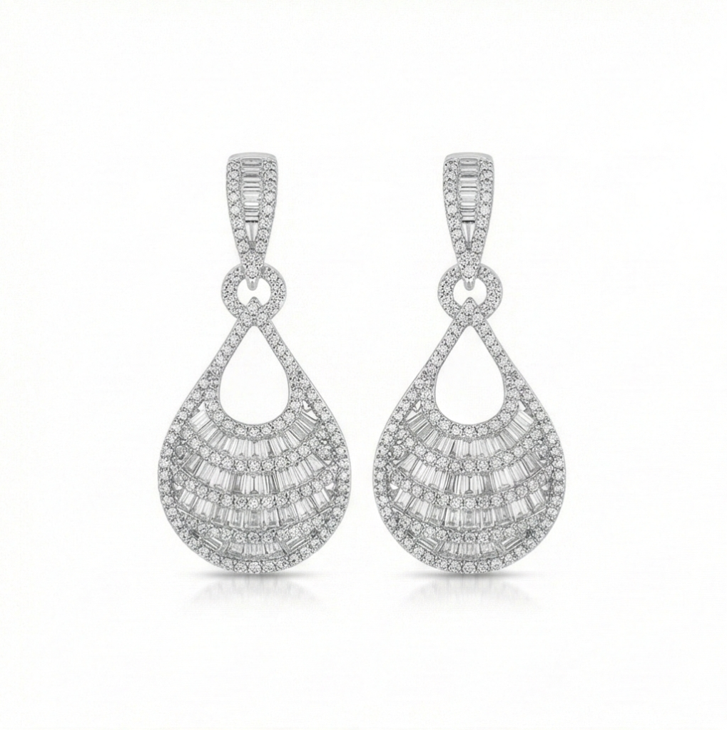 AGOR 925 Sterling Silver Layered Baguette Drop Earrings High Polish Rhodium Women's Jewellery