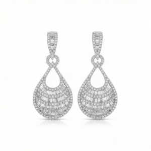 AGOR 925 Sterling Silver Layered Baguette Drop Earrings High Polish Rhodium Women's Jewellery
