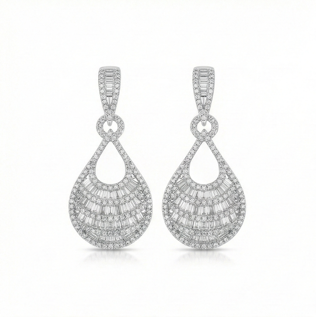 925 Sterling Silver Layered Baguette Drop Earrings High Polish Rhodium Women's Jewellery