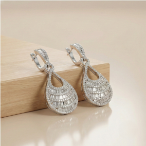 AGOR 925 Sterling Silver Layered Baguette Drop Earrings High Polish Rhodium Women's Jewellery