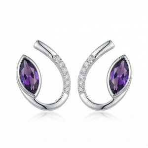 AGOR 925 Sterling Silver Modern Sweep Amethyst Color Earrings High Polish Rhodium Women's Jewellery