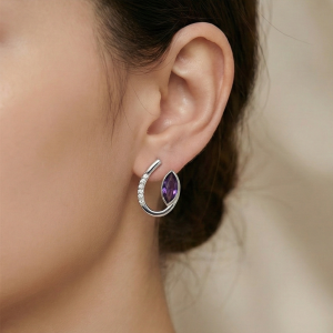 AGOR 925 Sterling Silver Modern Sweep Amethyst Color Earrings High Polish Rhodium Women's Jewellery